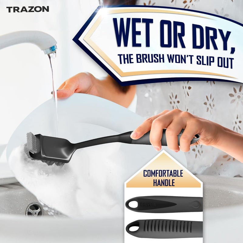 Trazon Dish Brush Set of 4 - Kitchen Scrub Brushes with Non-Slip Long Handle for Cleaning, Scrubber, Dishwashing, Dishes, Bottles, Straws, Cups, Pots & Sink, Black - Image 3